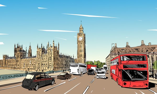 London cityscape hand drawn. Big Ben. England. vector illustration.