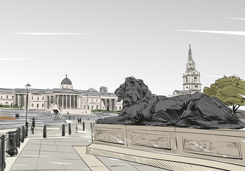 London city landmarks. Hand drawn Trafalgar Square.Great Britain. Vector illustration - obrazy, fototapety, plakaty