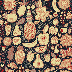 Fruit doodles seamless vector pattern. Hand drawn summer backdrop