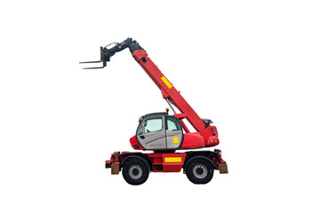 Naklejka premium Red loader bulldozer, crane, construction machine on a white background