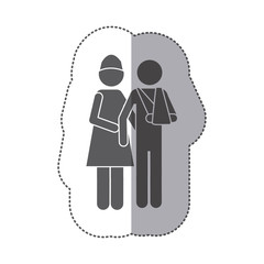 sticker monochrome pictogram nurse with bandaged arm patient vector illustration