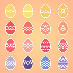 Set of easter eggs, flat colorful bright with geometric patterns isolated on gradient background, linear vector. White lines and points.