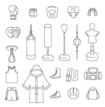 Boxing icons flat design vector thin line icons. Boxer training equipment outline symbols. Sport workout tools, protection, clothes and shoes. Martial arts linear elements