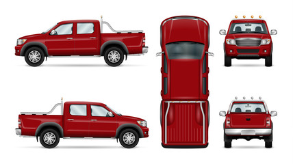 Red pickup truck vector illustration. Four wheel drive car isolated on white. All layers and groups well organized for easy editing and recolor. View from side, back, front and top. - obrazy, fototapety, plakaty