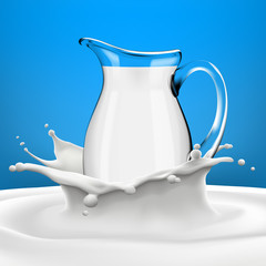 Full transparent jug in big milk splash on blue gradient background high quality vector realistic illustration