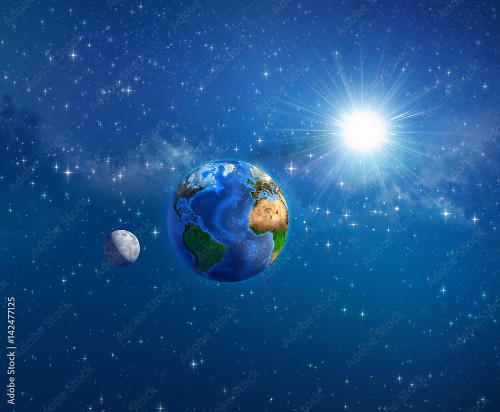 Wall mural earth, sun and moon in outer space