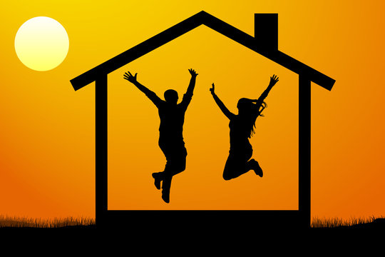 happy young couple, the family moved into their own new home at sunset vector illustration