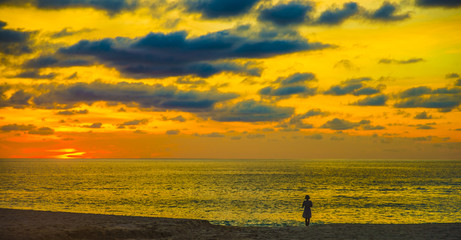 Silhouettes of an alone woman looking at view on the beach with sea and yellow sunset background....