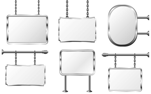 set board in a metal frame hanging on chains, silver signboard, isolated vector illustration