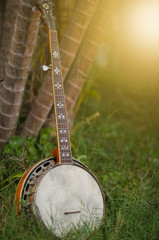 An old banjo rests on a piece of green on a farm lawn. For the leisure of the workers.
