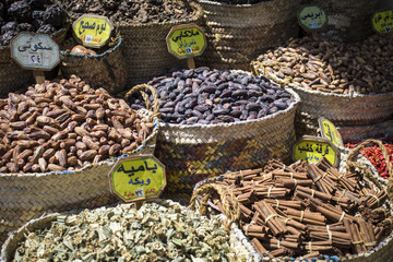 Traditional spices bazaar with herbs and spices in Aswan, Egypt.