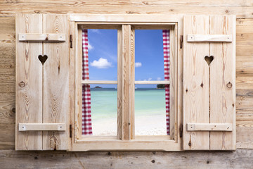 Wooden window with beach panorama view