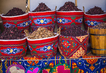 Traditional spices bazaar with herbs and spices in Aswan, Egypt.