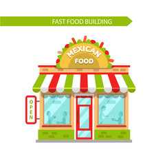 Vector flat design illustration of traditional mexican food shop building. Signboard with big tasty tacos. People eating at the table in the restaurant. Isolated on white background.