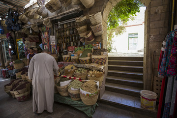 Traditional spices bazaar with herbs and spices in Aswan, Egypt.