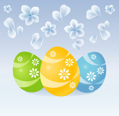 Greeting card. Easter multicolored painted eggs and flying petals, flowers on light blue background. Vector EPS 10, cmyk 
