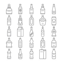 Alcohol drink bottles and beverage vector line icons set