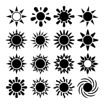 Sun silhouette icons, abstract graphic solar vector symbols