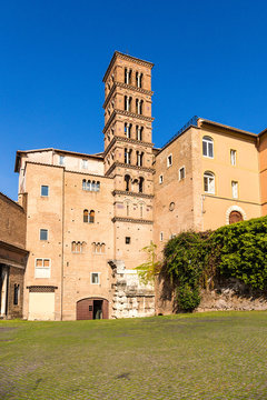 Rome, Italy. Romanesque campanila of the basilica of Santi Giovanni e Paolo, XII century
