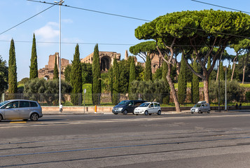 Rome, Italy. View of the ruins of the imperial palaces on Palatine Hill from Via di S. Gregorio