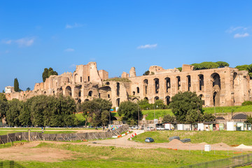 Rome, Italy. A view of the majestic ruins of the imperial palaces on the Palatine Hill from the side of the Great Circus.