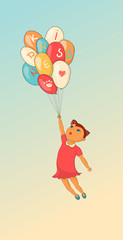Cartoon girl with balloon. Hand drawn.