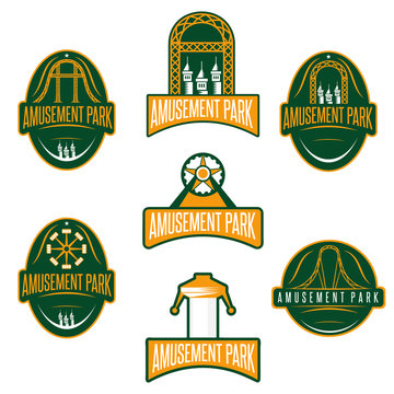 amusement park sport labels set vector design template