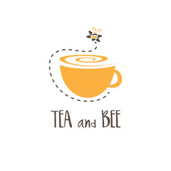 Abstract logo template with cup of tea and bee. Vector illustration