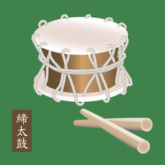 Vector illustration of Traditional asian percussion instrument Taiko or Shime Daiko drum. A name of the drum Shime Daiko is written in japanese hieroglyphs.