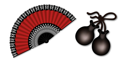 castagnettes - éventail - Flamenco - danse -Espagnole - accessoire - obrazy, fototapety, plakaty