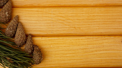 Fototapeta na wymiar pine branches and cones on a wooden background
