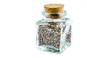 Dry cilantro in glass bottle isolated on white background. Closeup macro shot.