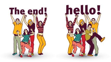The end and hello sign team group business people isolate.