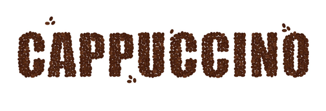 Fototapeta The word CAPPUCCINO written with Coffee Beans isolated on a white background. Vector format