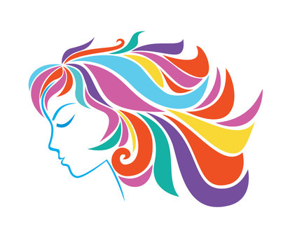 Profile of young girl with colorful hair isolated on a white background.