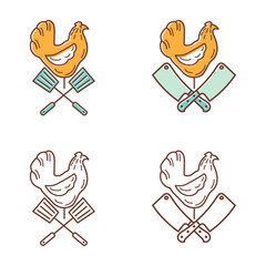 Set of bbq chicken with spatula and knife in line art drawing. Vector illustration