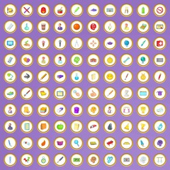 100 college and school icons set in cartoon style
