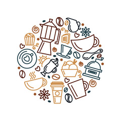 Set of coffee theme. Line art draw icons in the circle.Vector illustration
