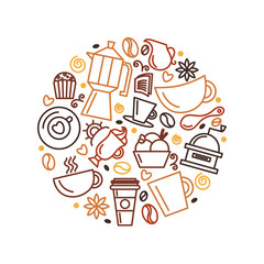Set of coffee theme. Line art draw icons in the circle.Vector illustration