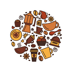 Set of coffee theme. Line art draw icons in the circle.Vector illustration