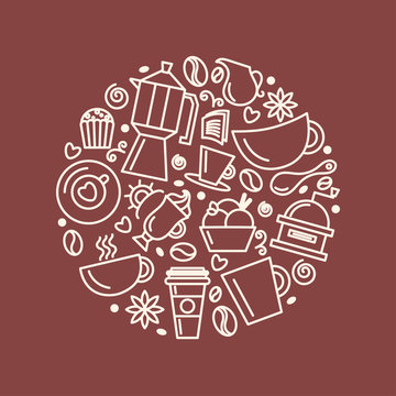 Set of coffee theme. Line art draw icons in the circle.Vector illustration