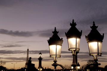Fototapeta na wymiar Lamppost illuminated at night and Wiffel Tower in Paris, France