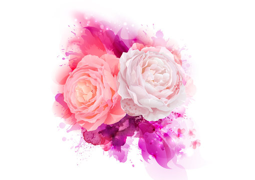 Elegance flowers bouquet of pink color roses. Composition with blossom flowers on the magenta artistic abstract background