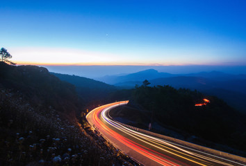  long exposure photograph of Doi Inthanon national park in the sunrise at Chiang Mai Province,...