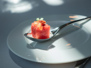 Appetizer, grilled watermelon on spoon