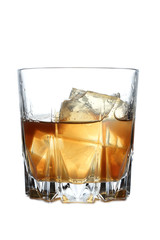 Whiskey and ice in glass on white background