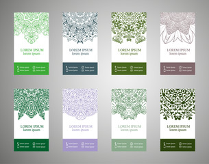 Fototapeta na wymiar flyer, flyer, cover, pattern mandala. Oriental motif. Hand painted texture background. Set wedding invitations, postcards and business card templates. Decorative card design printing. Vector. EPS 10