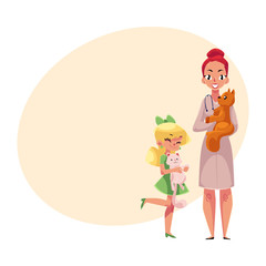 Woman, female veterinarian doctor, vet in white medical coat and little girl holding cats, cartoon vector illustration with place for text. Veterinarian doctor, vet and girl, pet, cat owner