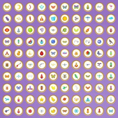 100 fly icons set in cartoon style