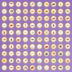 100 food and cooking icons set in cartoon style